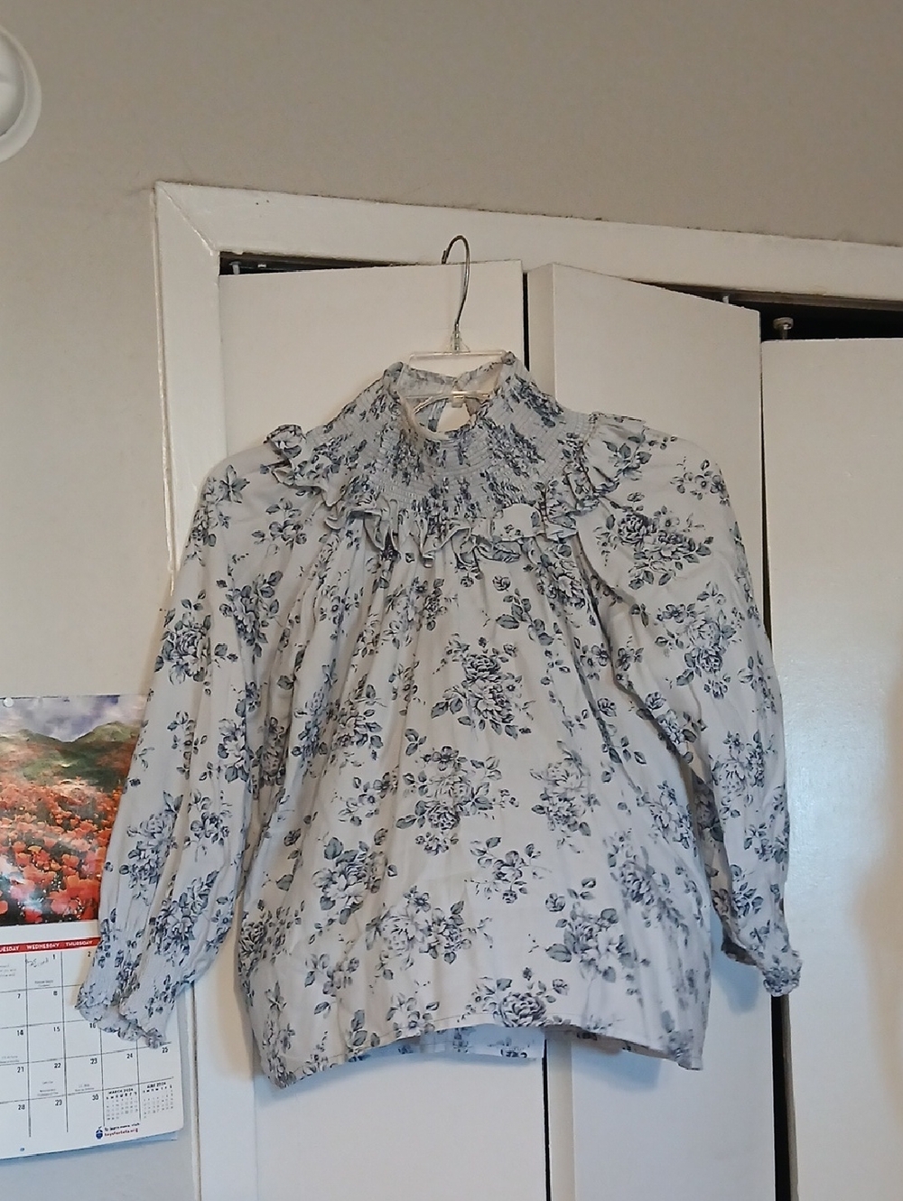 Floral Ruffle Smocked Blouse - Light Blue